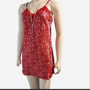 Y2K Morgan Taylor Sz S Red & Pink  Heart Pattern Slip Dress Lingerie  Lace Trim